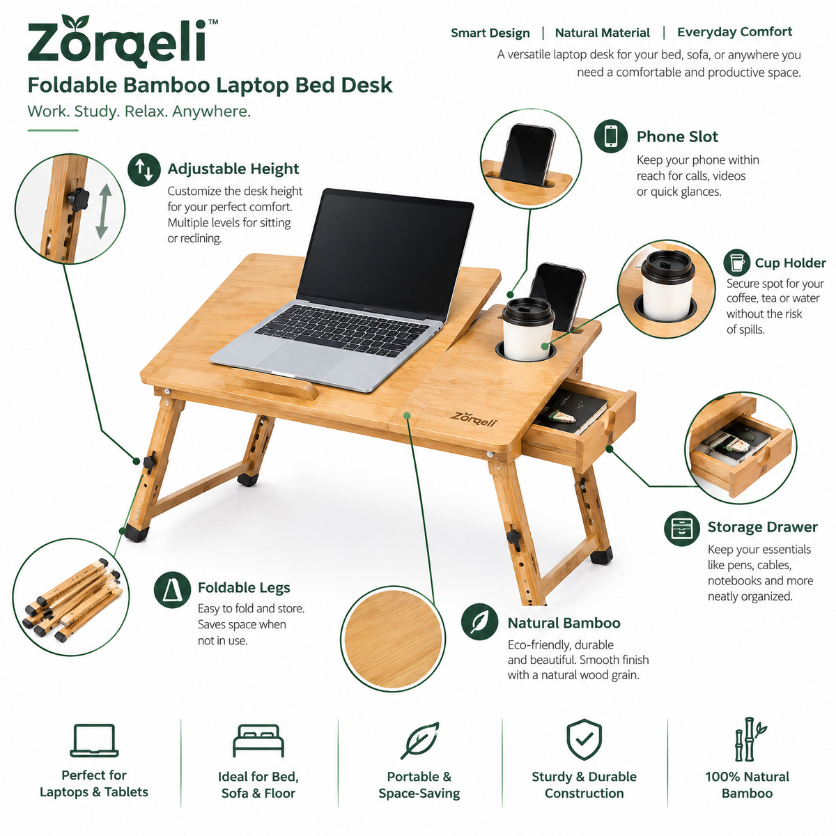 Zorqeli™ Foldable Bamboo Laptop Bed Desk