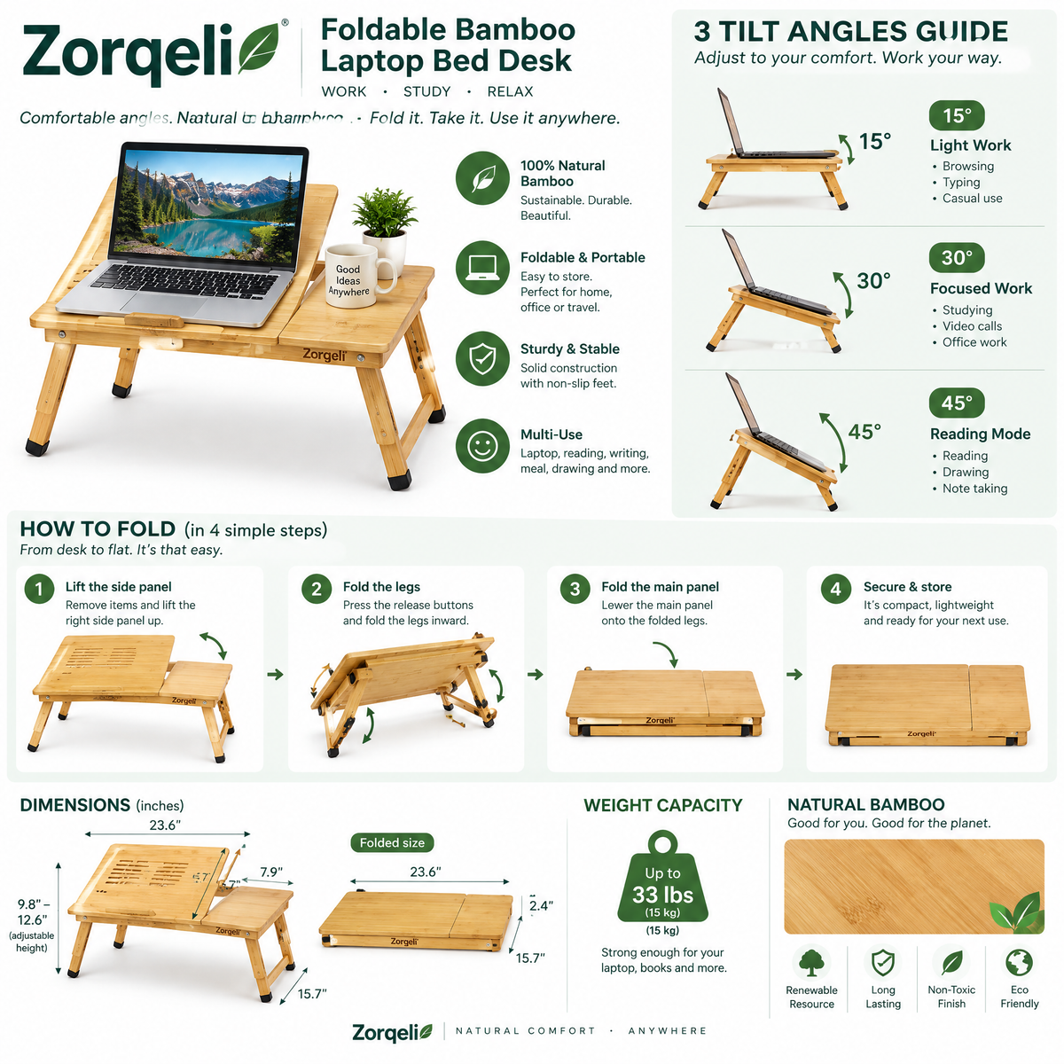 Zorqeli™ Foldable Bamboo Laptop Bed Desk
