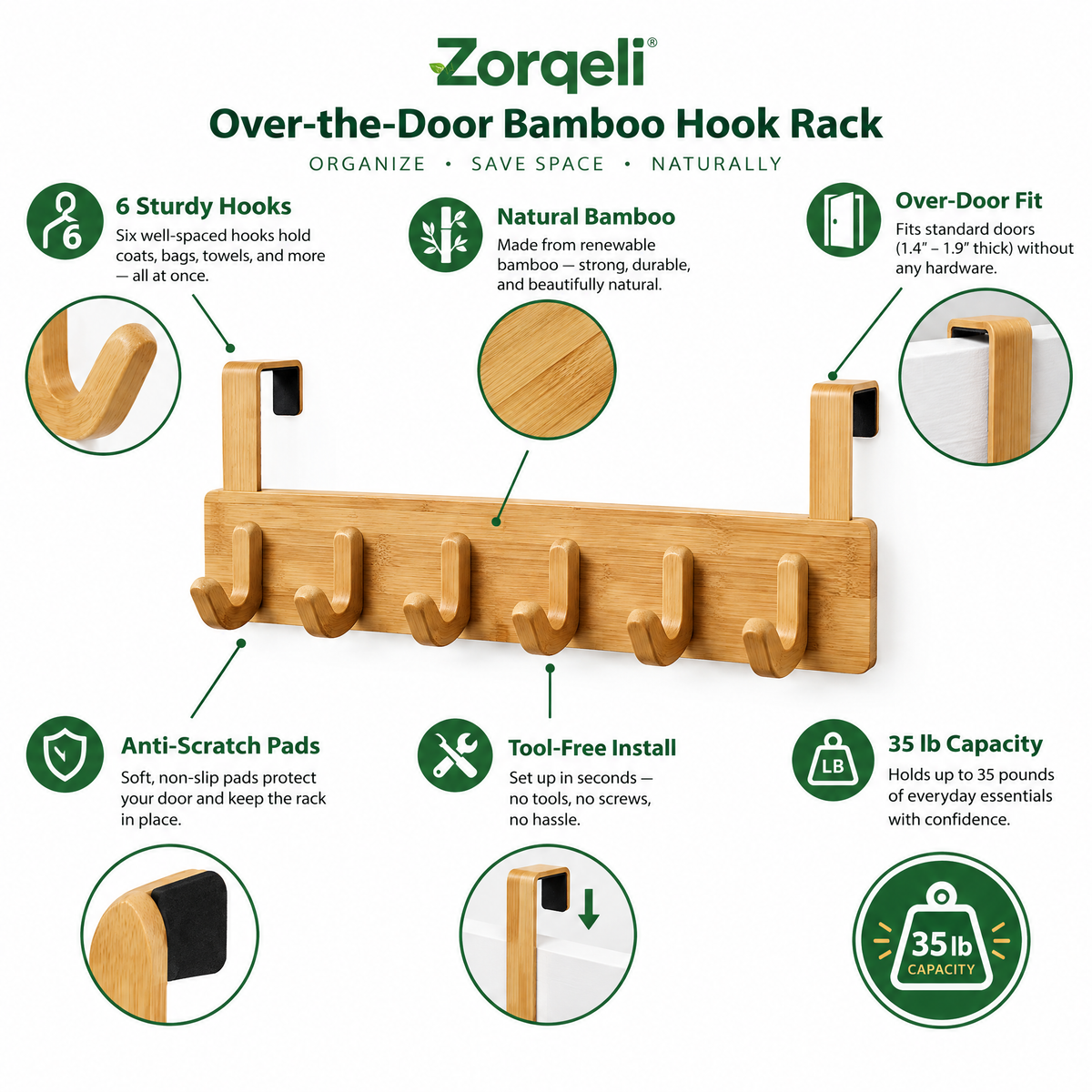 Zorqeli™ Over-the-Door Bamboo Hook Rack