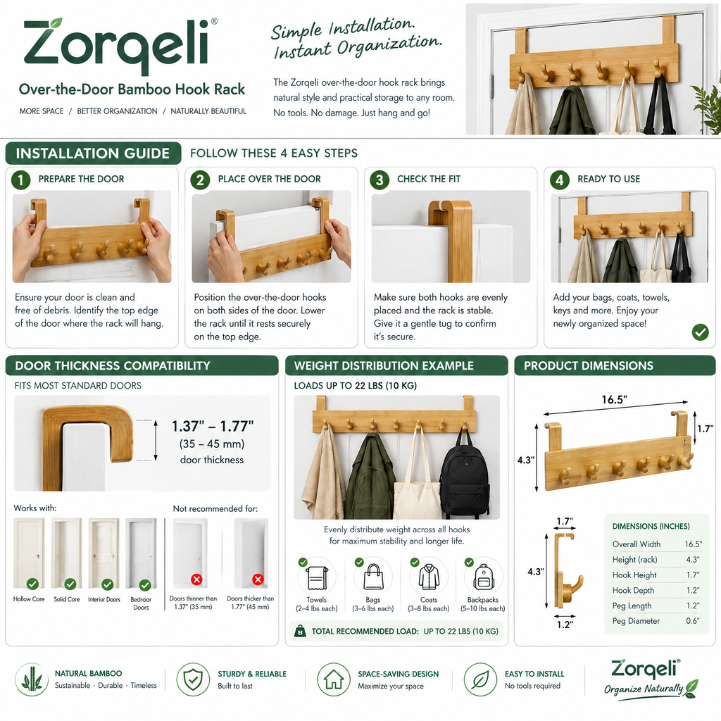 Zorqeli™ Over-the-Door Bamboo Hook Rack