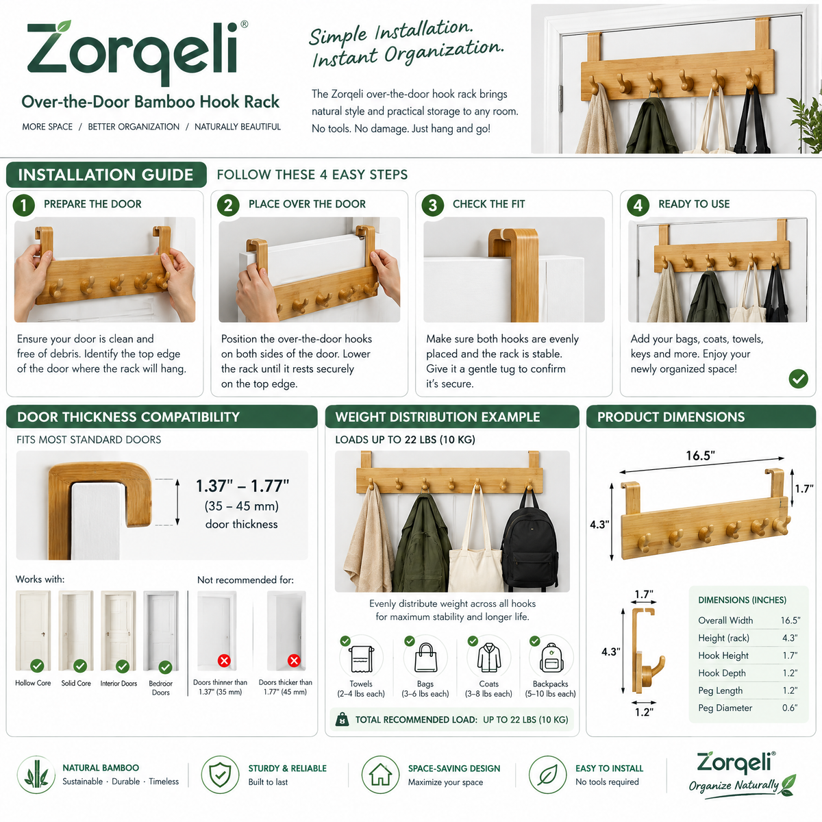 Zorqeli™ Over-the-Door Bamboo Hook Rack
