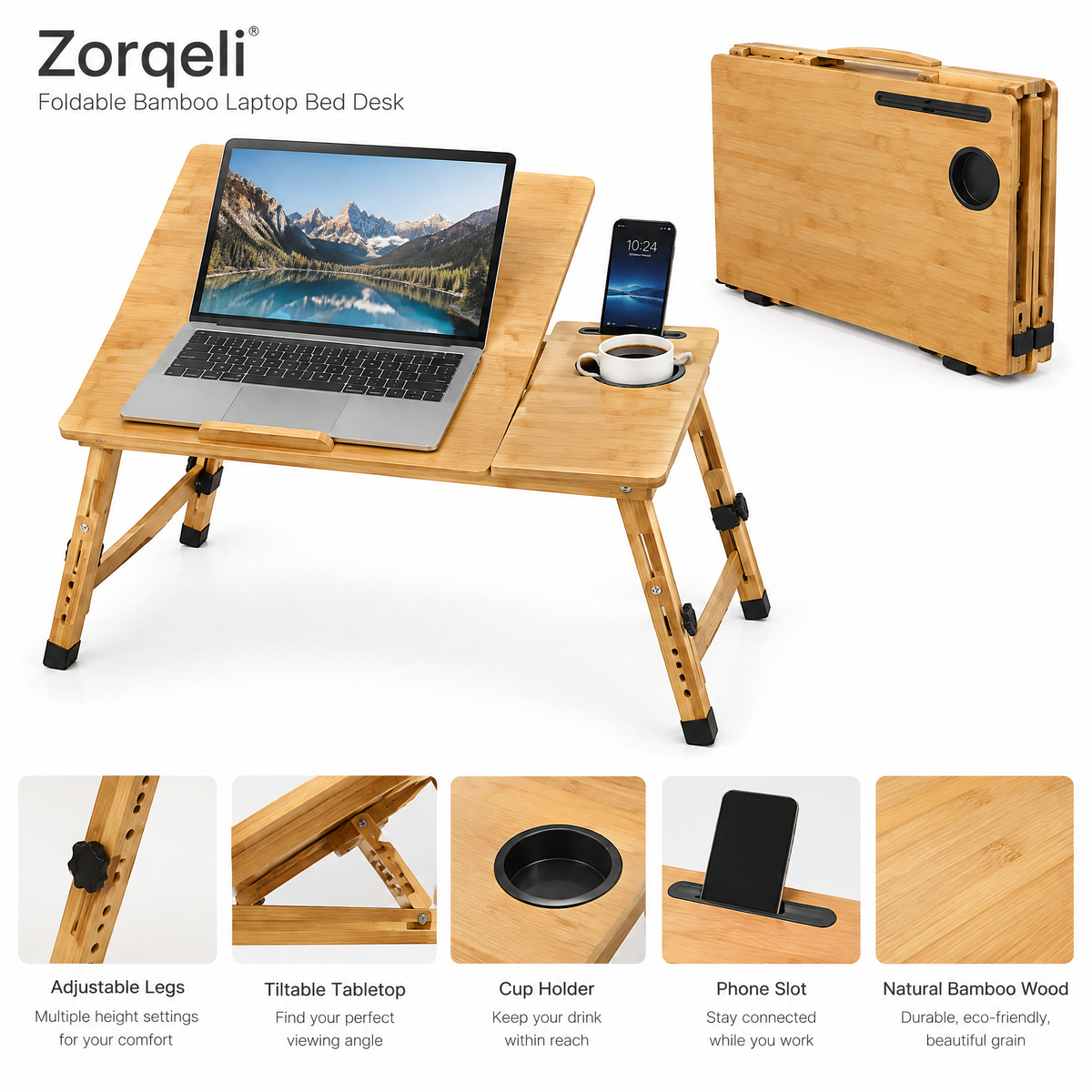 Zorqeli™ Foldable Bamboo Laptop Bed Desk