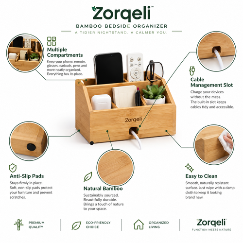 Zorqeli™ Bamboo Bedside Organizer
