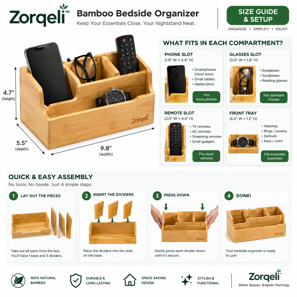 Zorqeli™ Bamboo Bedside Organizer