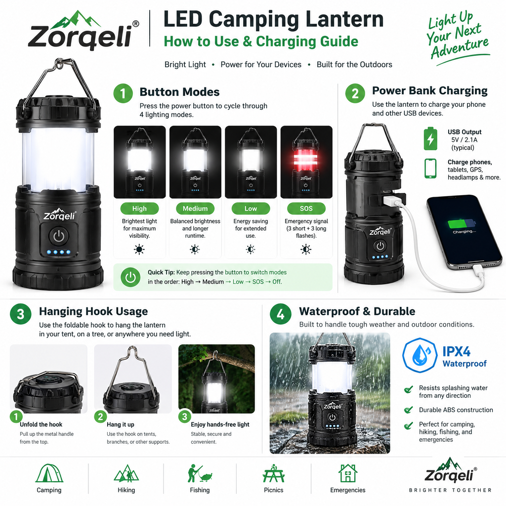 Zorqeli™ LED Camping Lantern with Power Bank