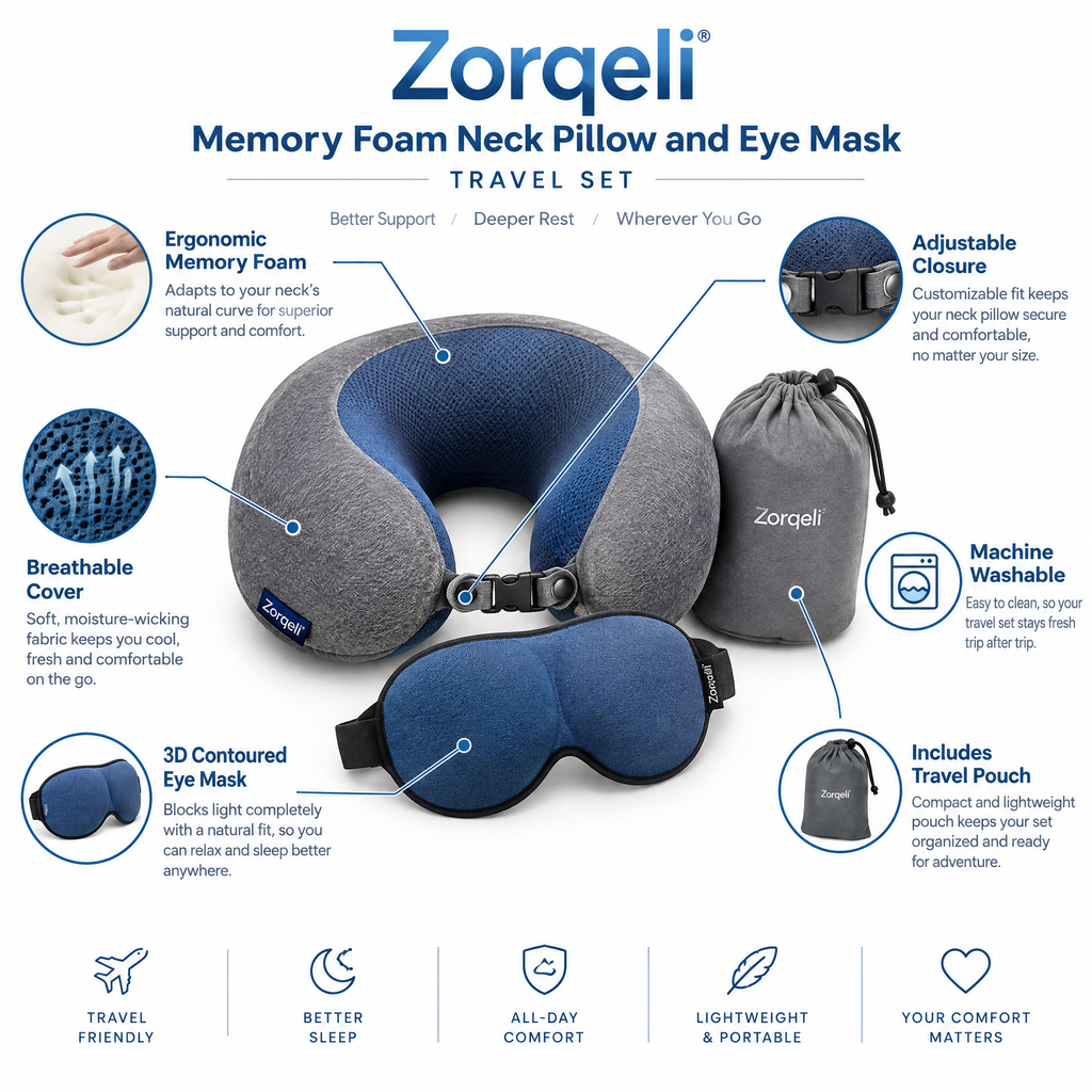 Zorqeli™ Memory Foam Neck Pillow & Eye Mask Travel Set