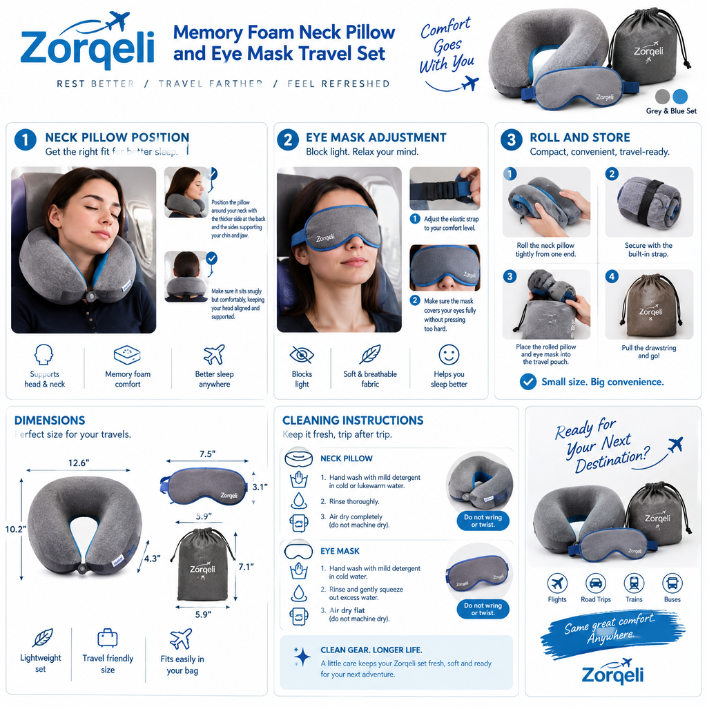 Zorqeli™ Memory Foam Neck Pillow & Eye Mask Travel Set